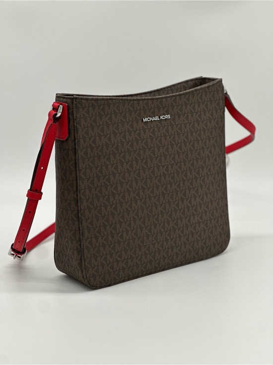 Michael Kors Handbags - Michael Kors Brown Monogram Crossbody with Red Strap